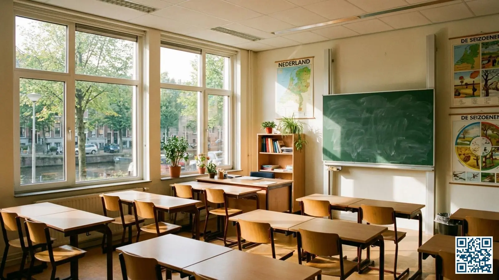 Helder klaslokaal met grote ramen die natuurlijk daglicht binnenlaten en lege schoolbanken