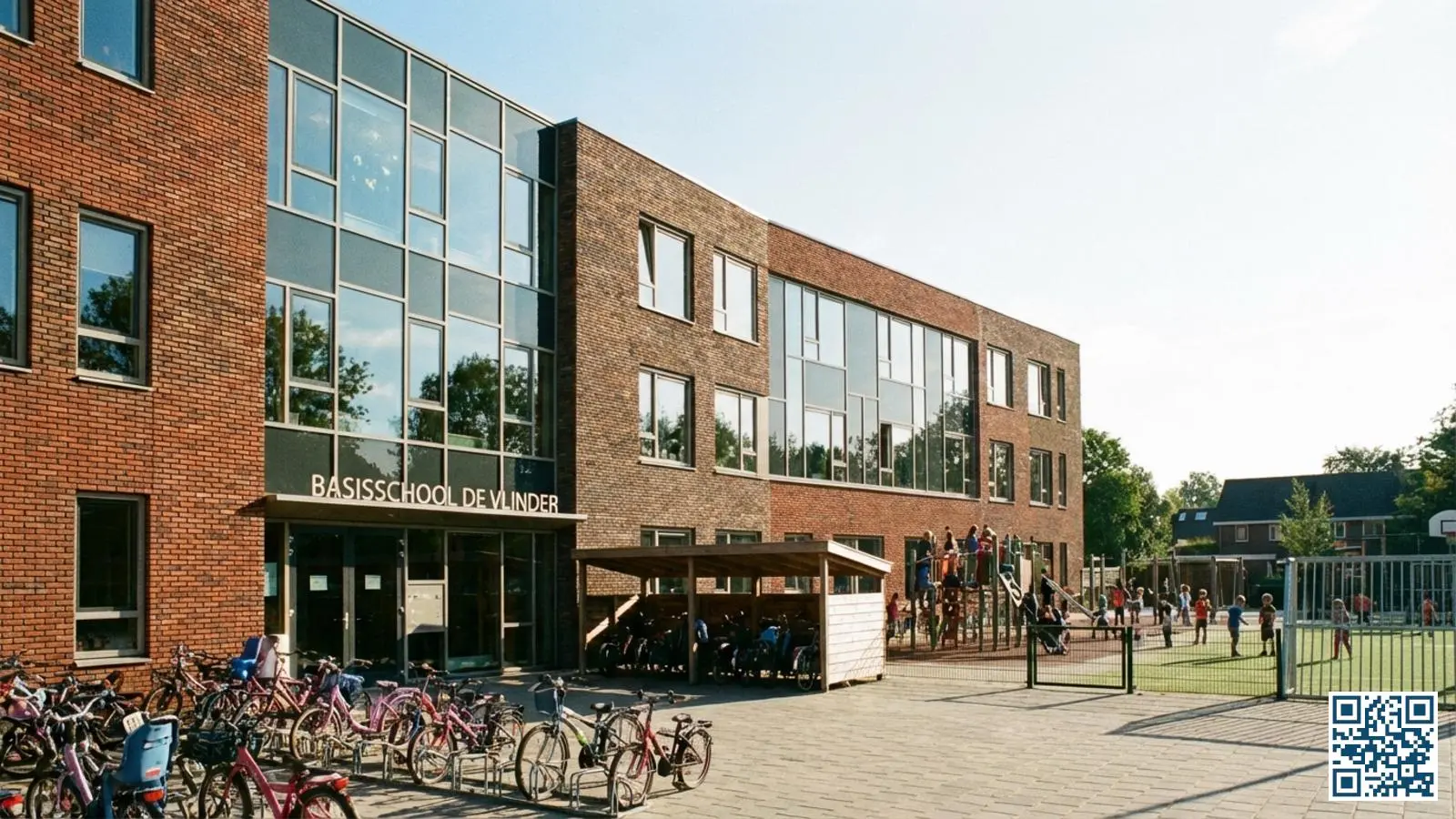 Nederlands schoolgebouw met grote ramen en bakstenen gevel op een zonnige dag met speelplaats