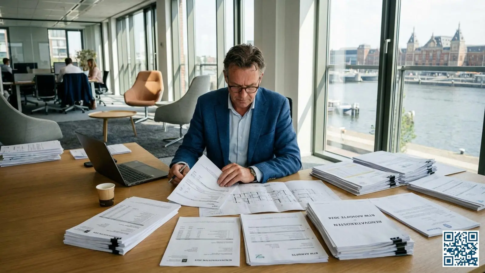 Nederlandse ondernemer bestudeert facturen en belastingdocumenten voor glasisolatie aan bureau in kantoor