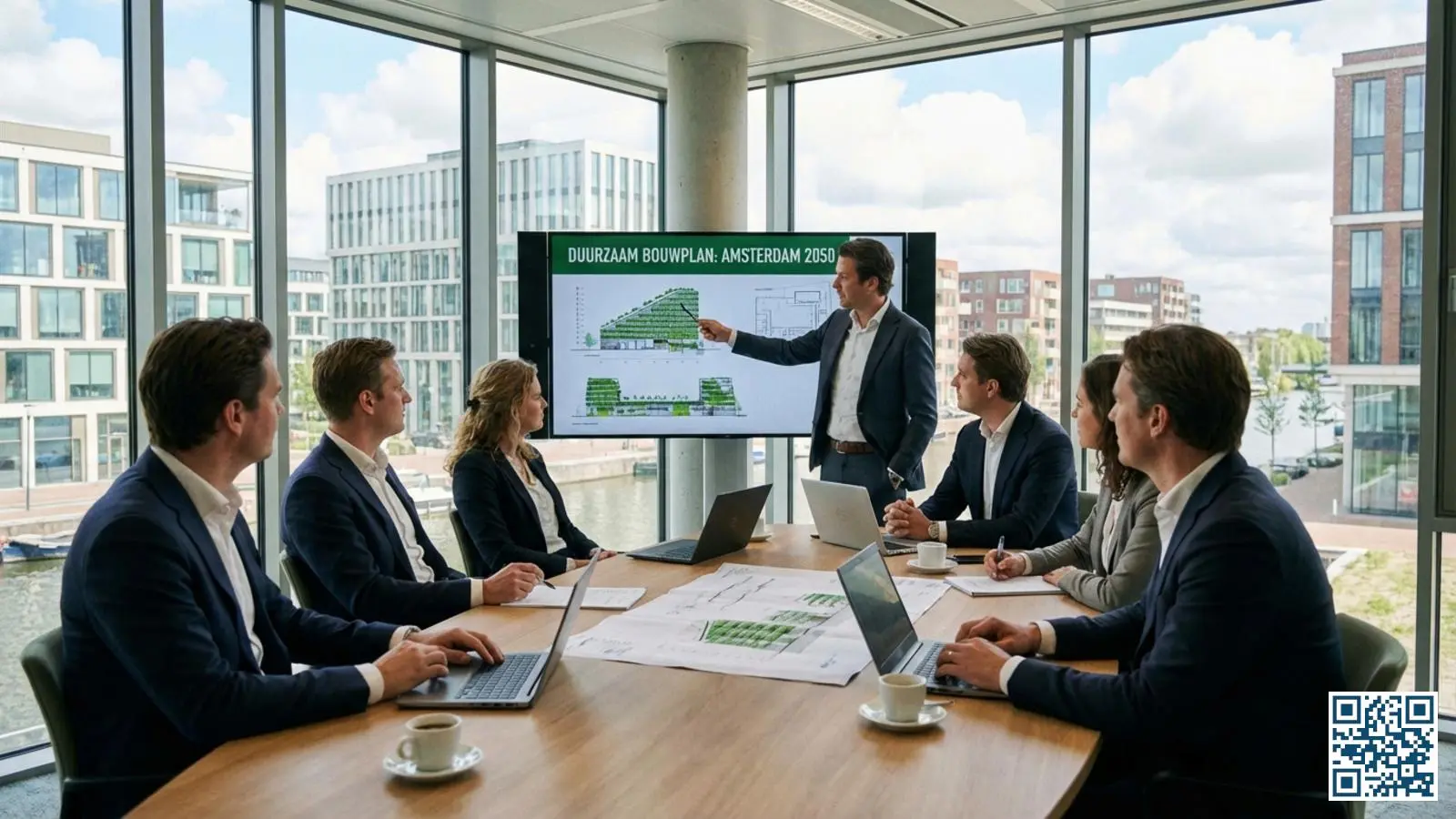 Zakelijke vergadering over verduurzaming van bedrijfspand met HR-glas in moderne vergaderruimte