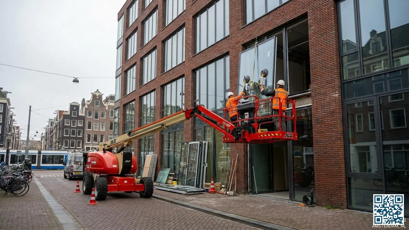 Hoogwerker met glaszetters die grote glasplaat plaatsen aan een Nederlands kantoorgebouw