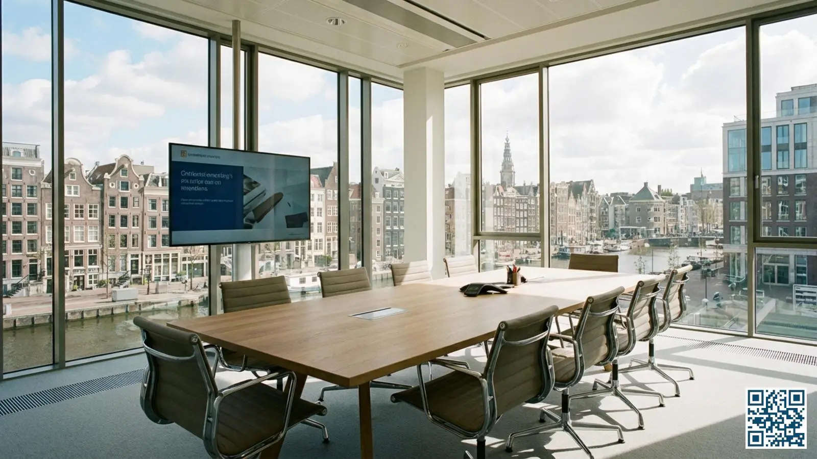 Lichte vergaderruimte met grote moderne ramen en panoramisch uitzicht over een Nederlandse stad
