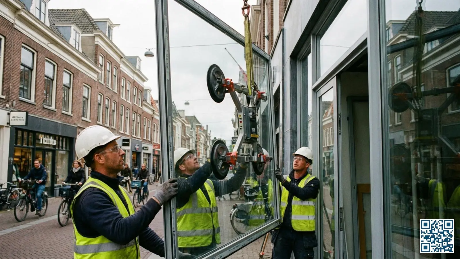 Glaszetters plaatsen met professionele zuignapapparatuur een grote etalageruit in een winkelpui