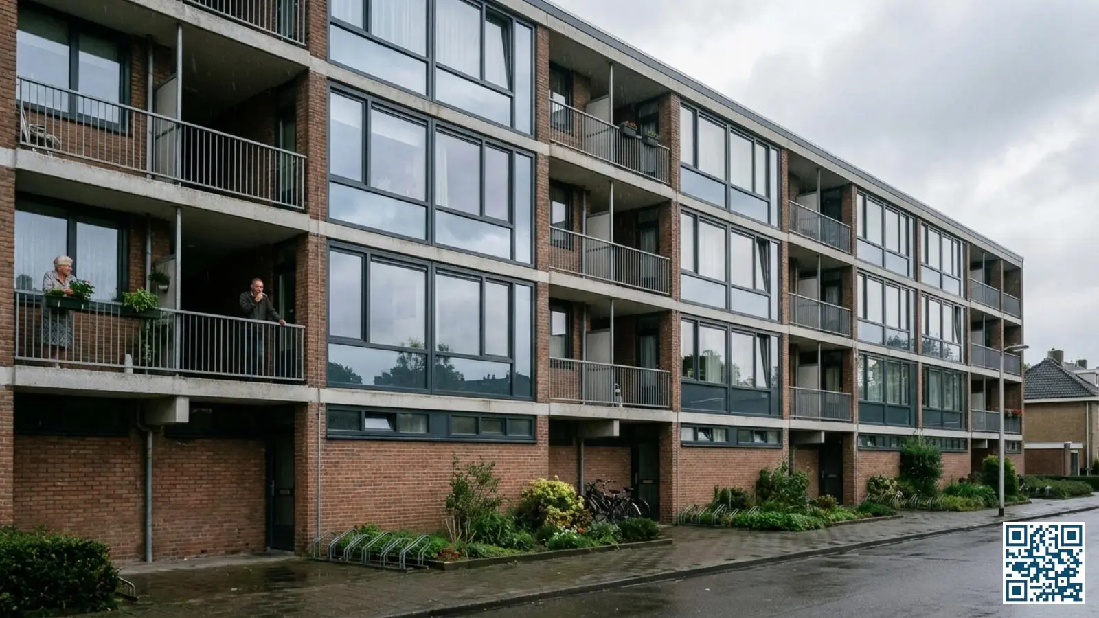 Nederlands flatcomplex van woningcorporatie met nieuw geplaatste HR-glas ramen en bewoners op balkons
