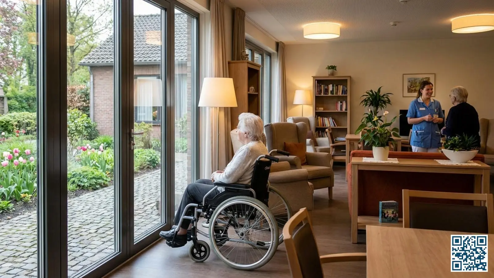 Bewoner in rolstoel bij grote moderne ramen in gemeenschappelijke ruimte van een verpleeghuis